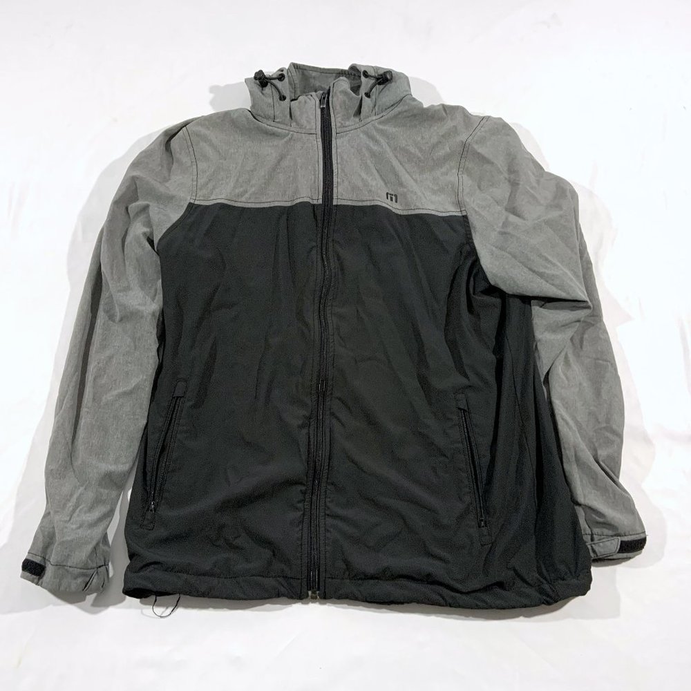 Men’s Travis Matthew Black Grey Zip Up Hooded Windbreaker Light Travel Jacket L